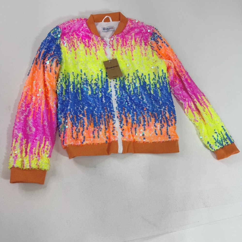 Welaken Bomber Jacket Kids 12 Multicolor Sequin Rainbow Neon Full Zip Lined